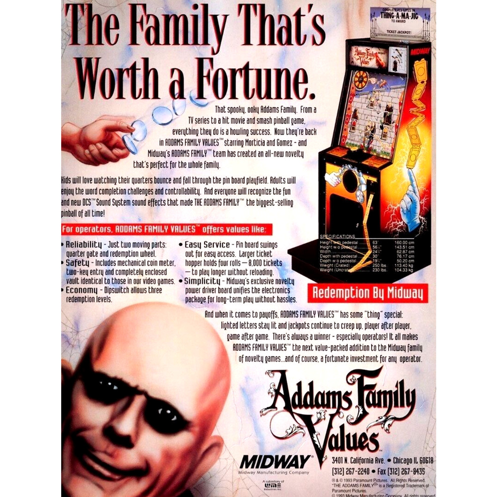 Addams Family Values Arcade Game Flyer Uncle Fester Horror Halloween Art 1993